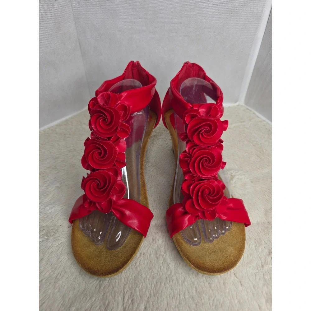 Patrizia by Spring Step Harlequin-R Red Floral Rosette Wedge Sandals EU 42 US 11
